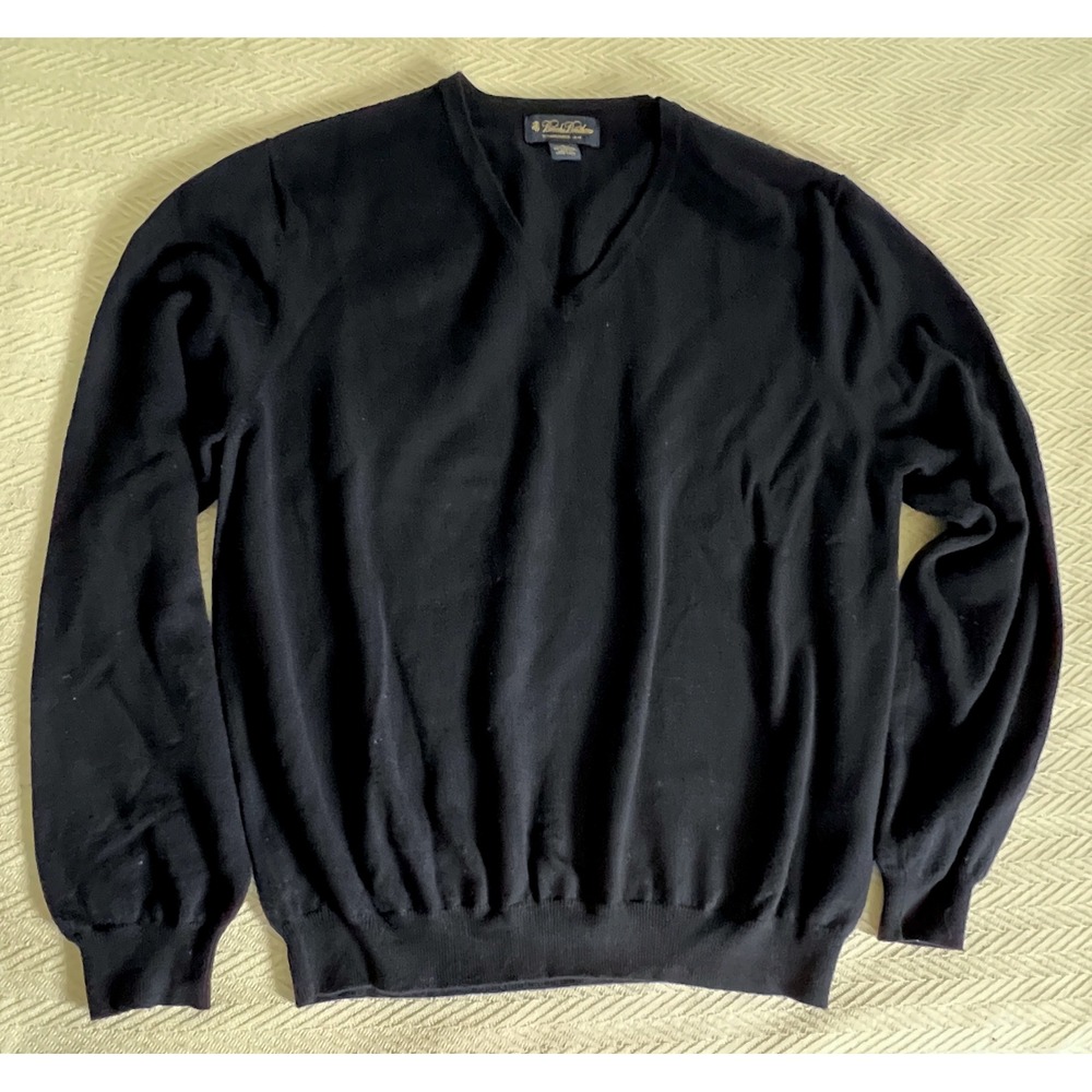 Brooks Brothers Mens Navy Blue Merino Wool V-Neck Sweater Large Ribbed Trim